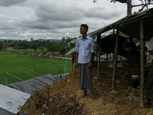 Bangladesh. Jaheed Hussain, a Rohingya refugee, in his shelter in an informal settlement