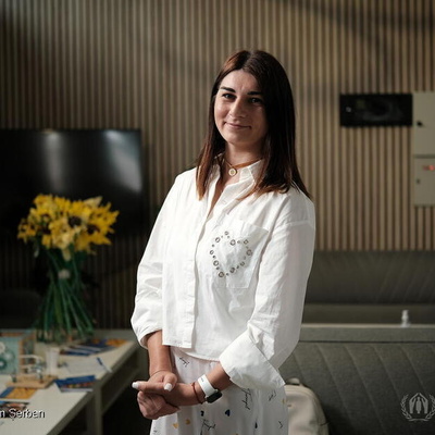 Ukrainian refugee woman in RomExpo Community Centre in Bucharest, Romania