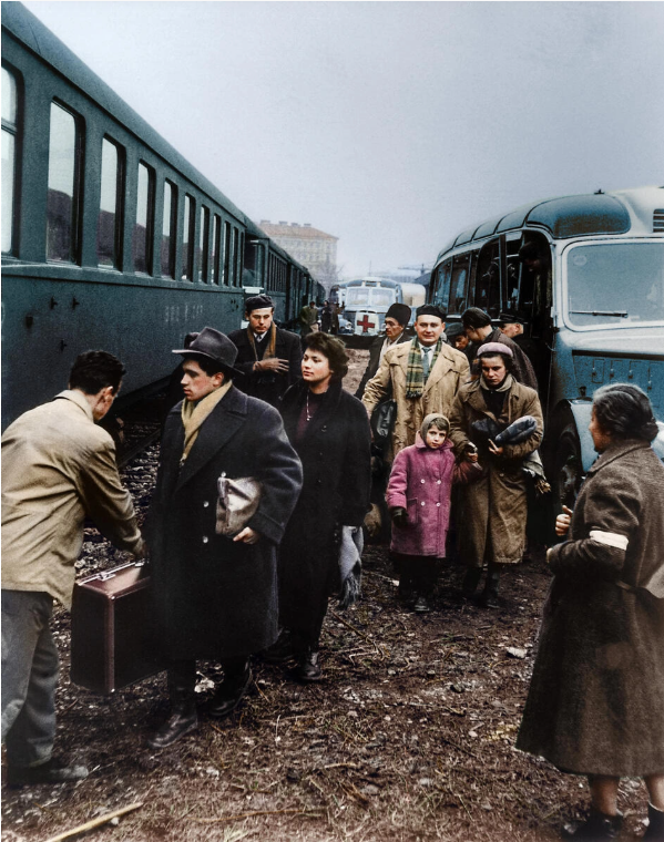 Hungarian refugees waiting to board a train 