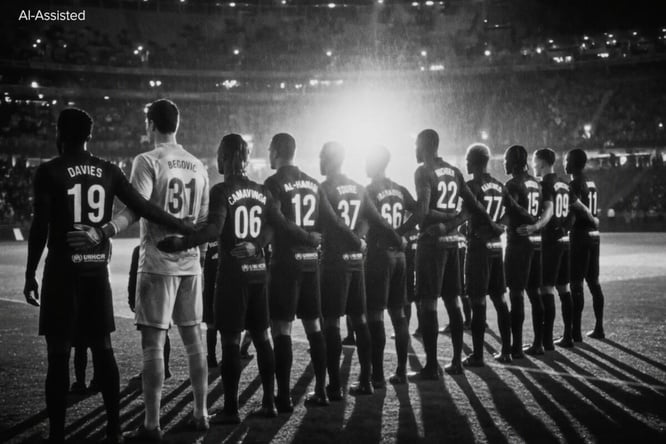 A team of eleven football players facing a football pitch, image in black and white