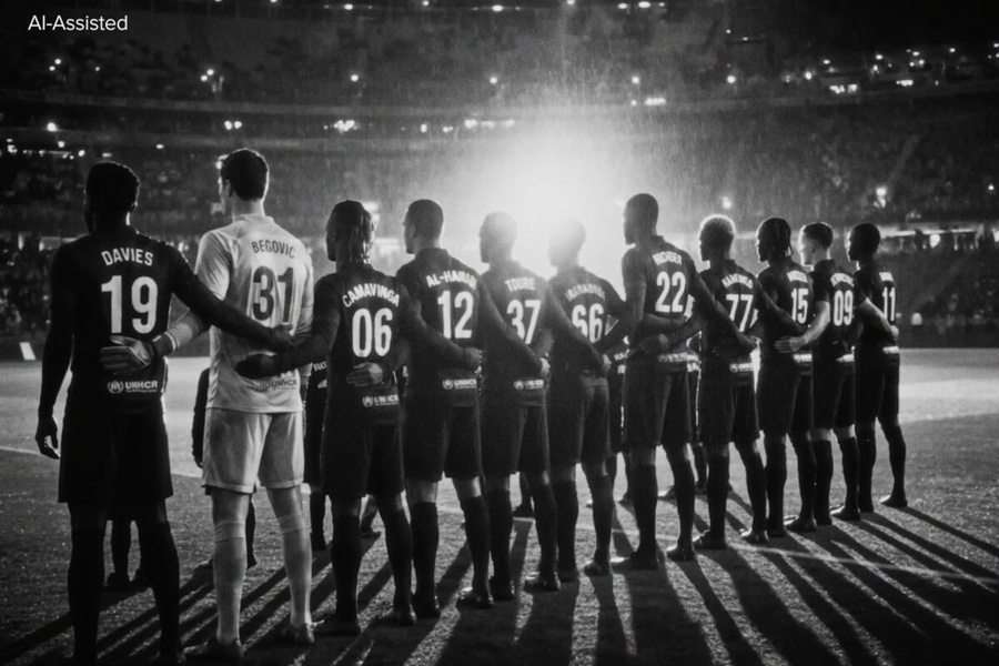 A team of eleven football players facing a football pitch, image in black and white