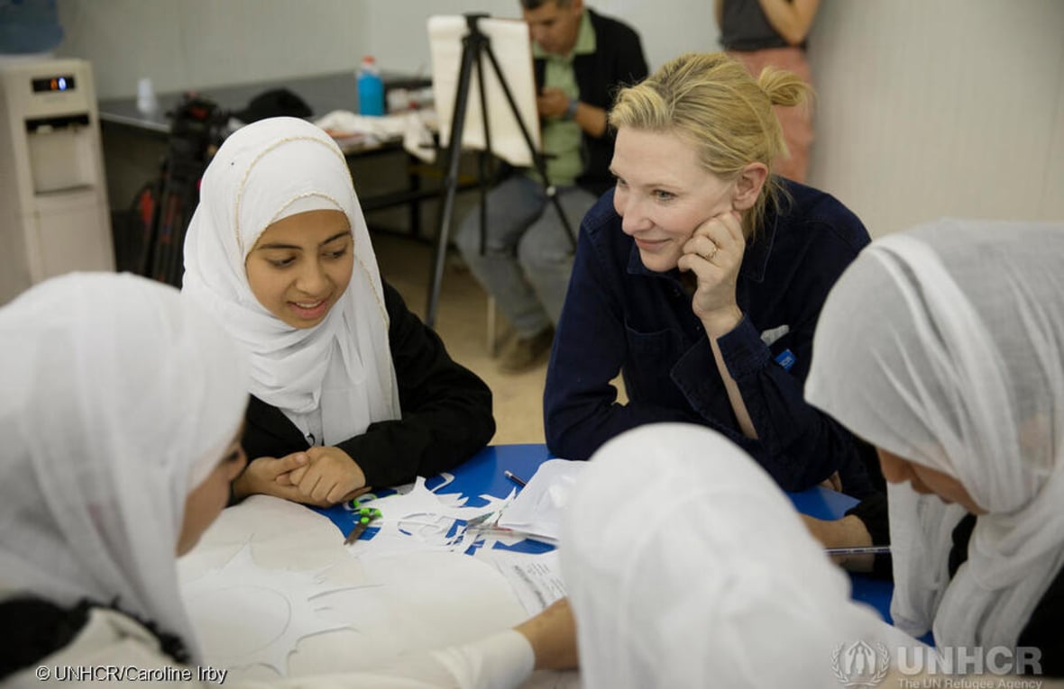Cate Blanchett, international actress and UNHCR Goodwill Ambassador engaging with refugees