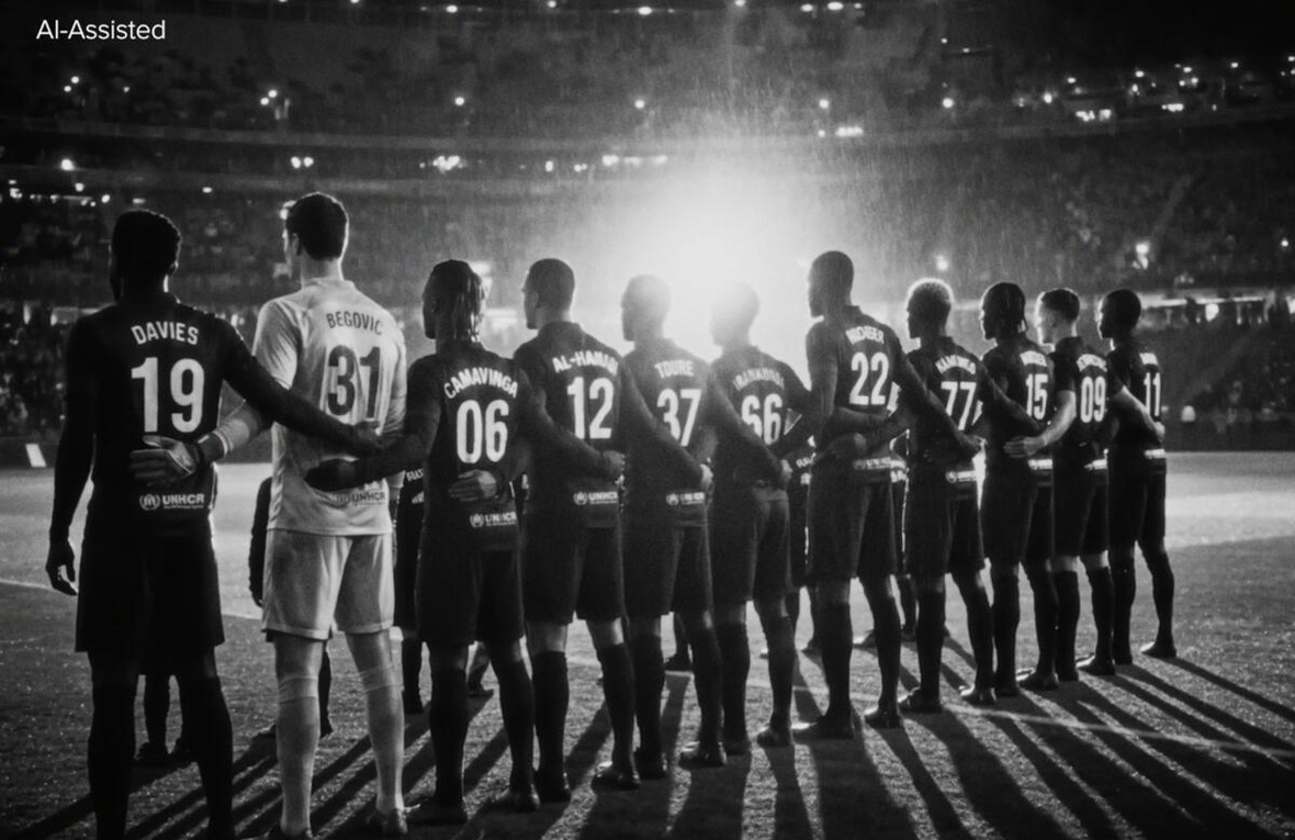 A team of eleven football players facing a football pitch, image in black and white