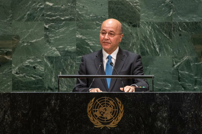 Bivši predsednik Iraka Barham Salih tokom obraćanja Generalnoj skupštini UN u Njujorku 2019. godine.