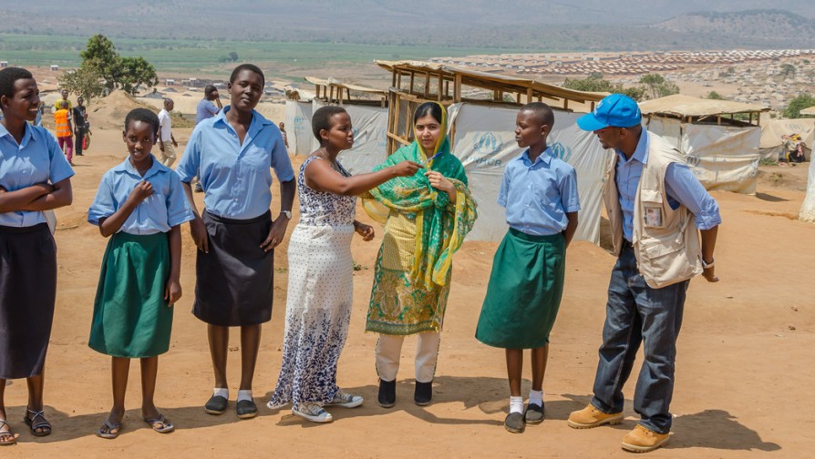 Burundian refugee girls welcome Malala when she entered Mahama refugee camp