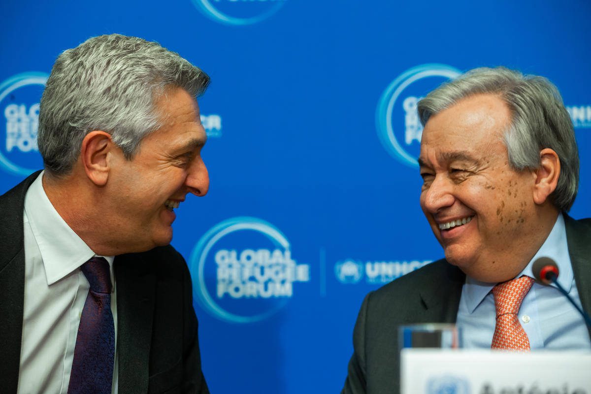 Switzerland. UN Secretary-General and UN High Commissioner for Refugees address media at Global Refugee Forum