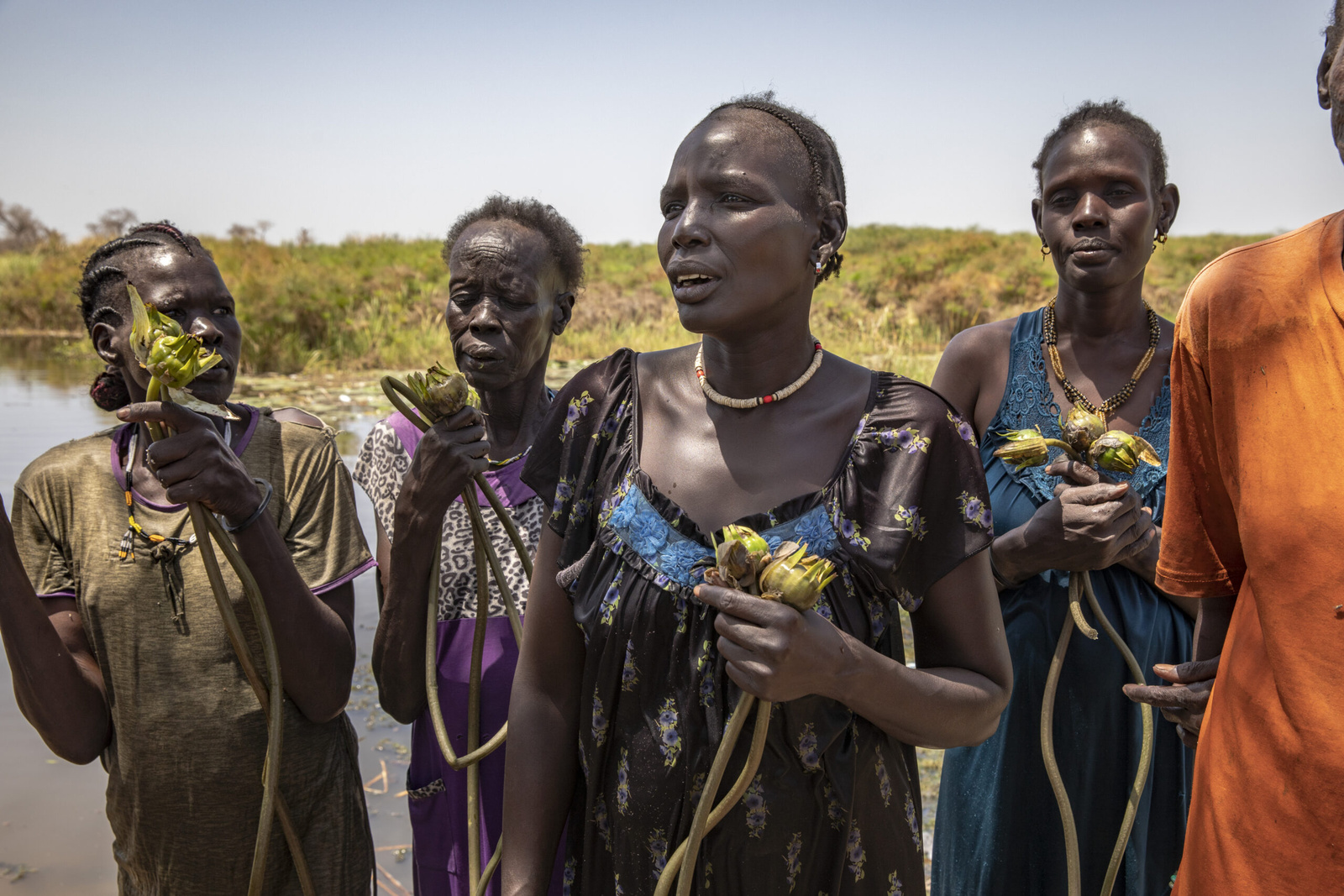 Nyepini Gator staat tussen een groep vrouwen die net naar huis zijn teruggekeerd met bundels waterlelies, die ze uit het overstromingswater hebben geoogst. © UNHCR/Andrew McConnell