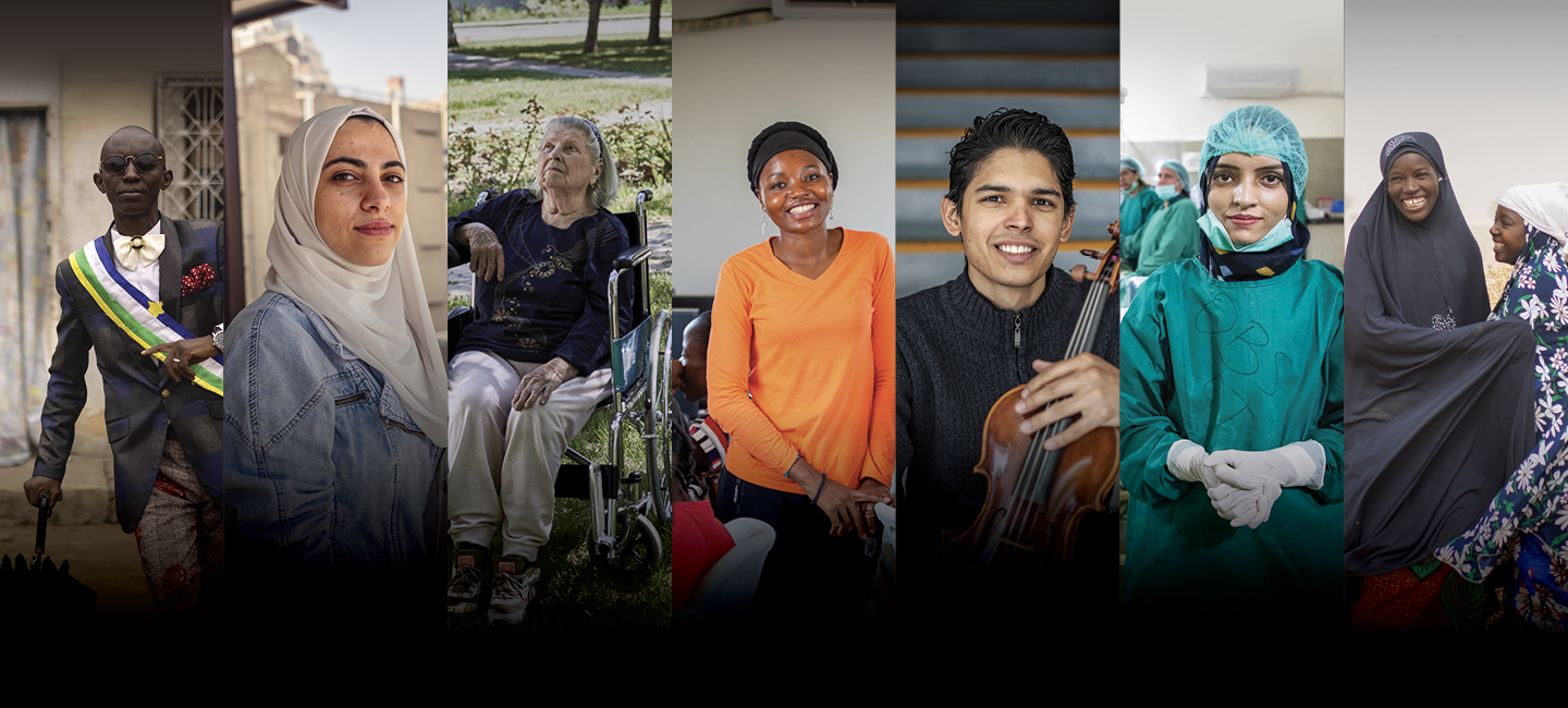 Profile photos of seven forcibly displaced people from different regions of the world.