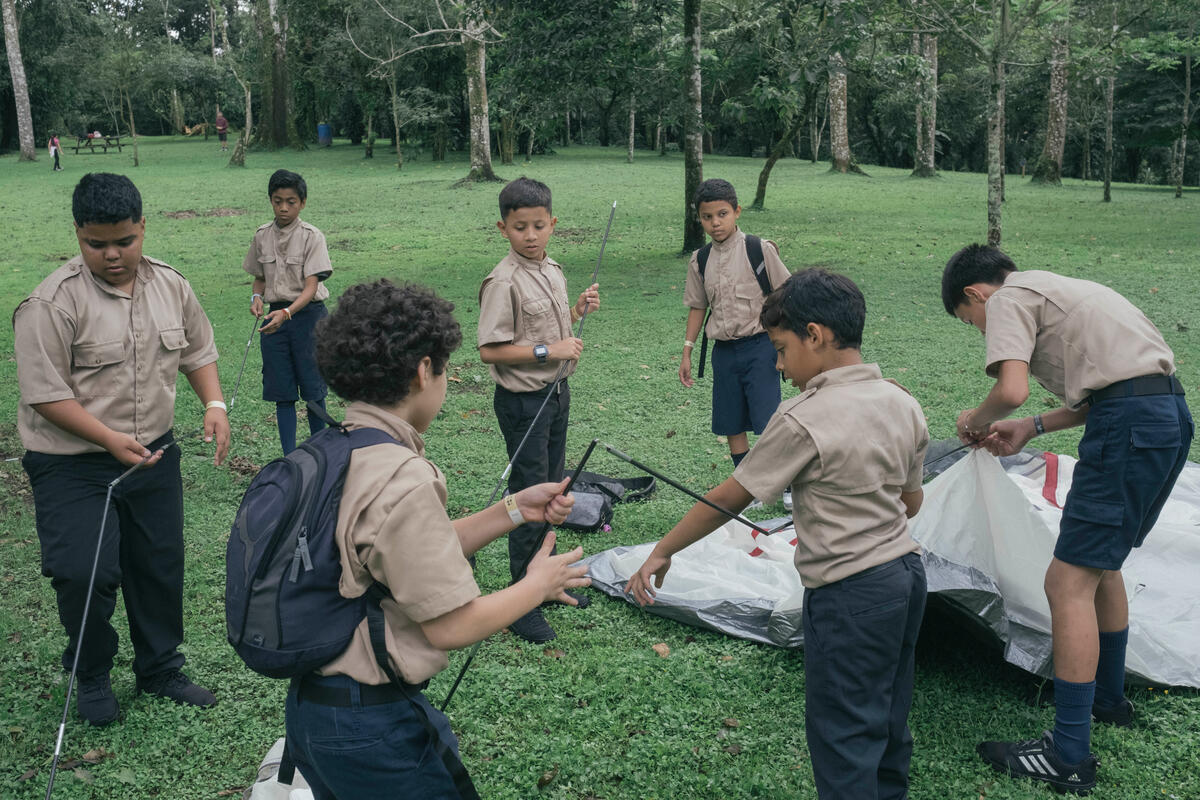 Seven boys in Scouts uniforms work together to put up a tent.