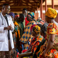 A clinician in a lab coat meets with a group of people outside.