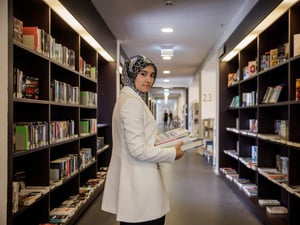 A woman in a lab coat stands between stacks of books in a library.
