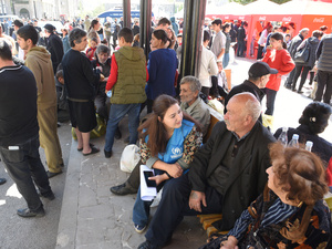 Refugees wait at a distribution centre in Goris, a small border town in south-eastern Armenia.