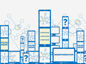An illustration showing lots of phone screens and text saying "misinformation", "false news" and "confusion" with question marks.