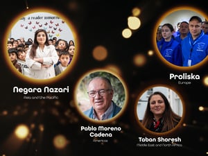 Four round images of people with text on a black background 