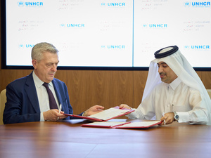 UNHCR High Commissioner, Filippo Grandi and EAA Foundation CEO, Fahad Al Sulaiti sign an agreement