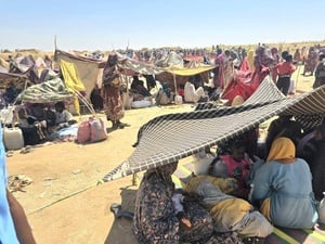 Hundreds of Sudanese people shelter under shade cloths held up by branches