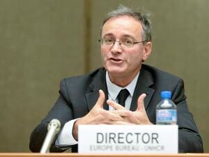 UNHCR Director for Europe Vincent Cochetel addresses a conference.