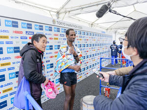 Refugee athlete Yonas Kinde is interviewed after finishing the Tokyo Marathon 2020.