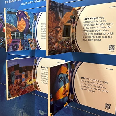 A cardboard installation with small doors that can be opended to display different facts about forcibly displaced populations.