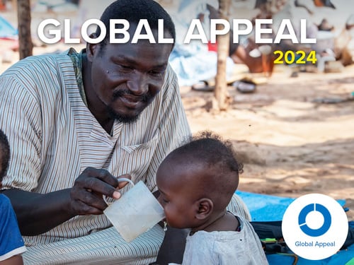 Cover of the 2024 Global Appeal report, featuring a man giving a small child a drink from a mug