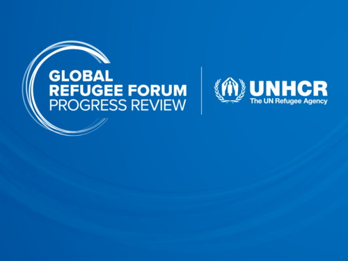 Blue background with the UNHCR logo and the GRF Progress Review logo.
