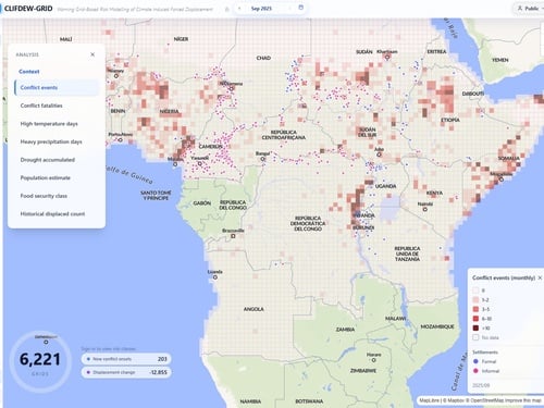 Screenshot of the CLIFDEW-GRID modelling system, with a map of Africa and some legends overlaid