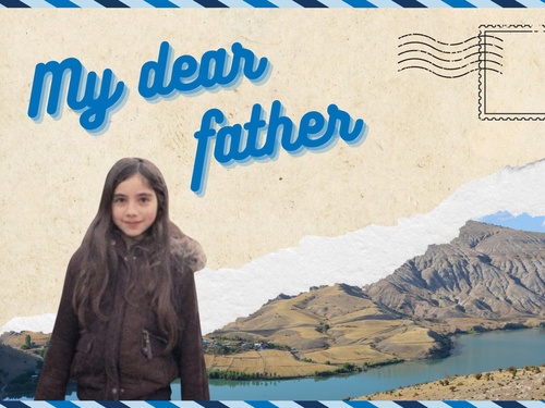 A montage of Solenn and a river with the text 'My dear father'