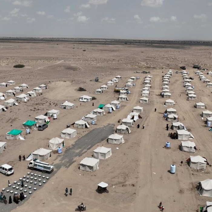 Aerial view of Al-Firdaws displacement site in Yemen's Aden Governorate, built by local authorities to host people displaced by the escalating conflict