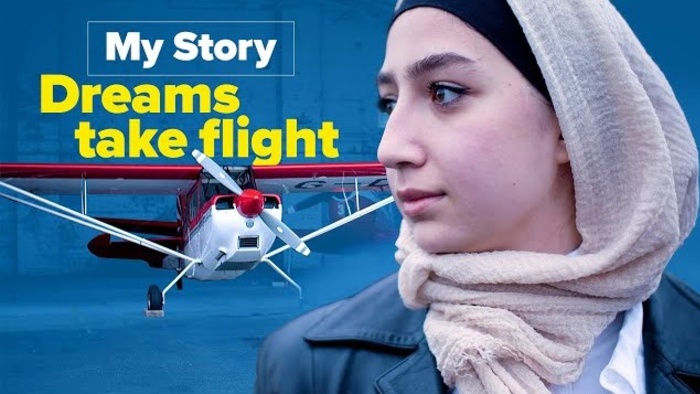 Maya Ghazal next to a plane. Text reads: "My story: Dreams take flight".