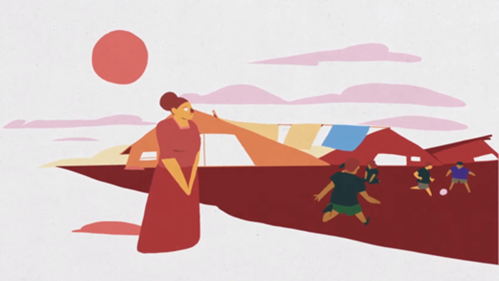 Illustration of a woman looking at her children playing football.