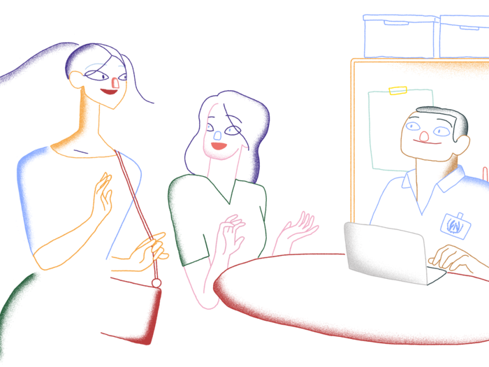 Illustration of four people sitting together at a table.