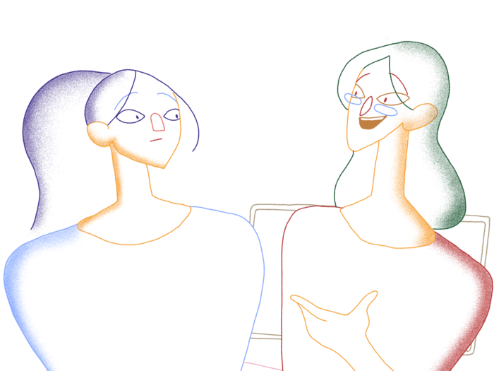 Illustration of two women talking to each other.