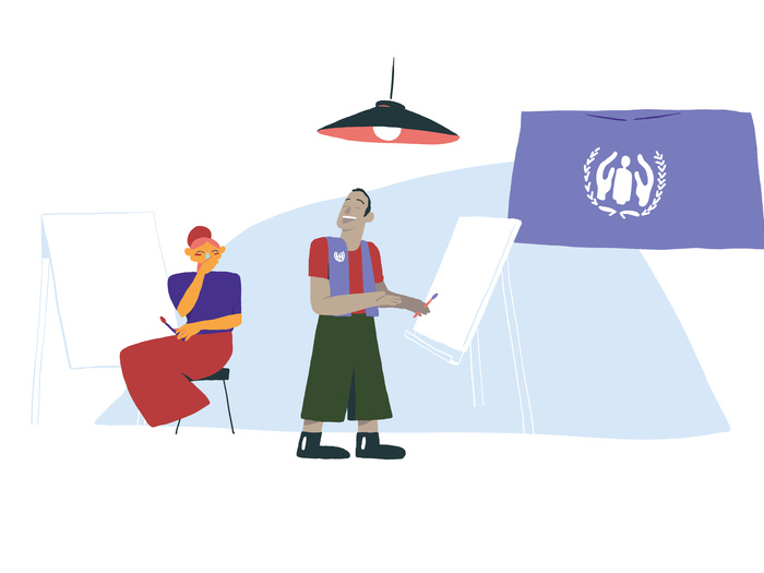 Illustration of a woman and a man talking together.