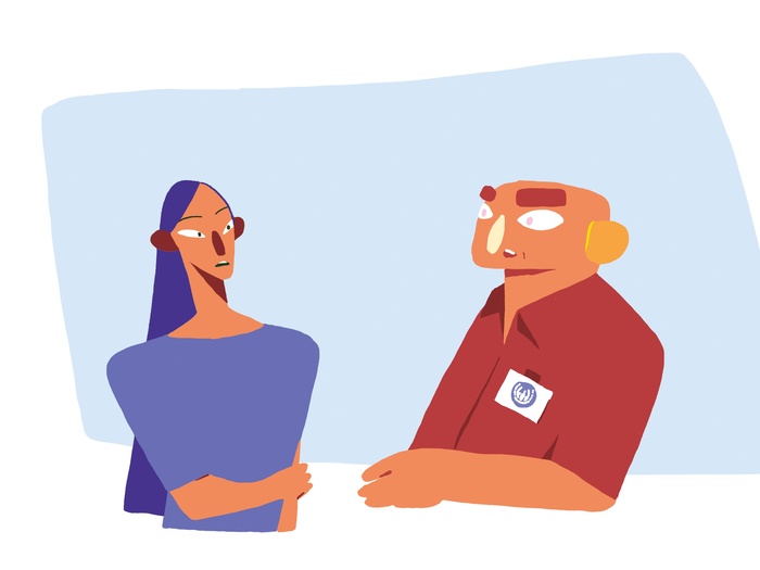 Illustration of a woman and a man talking together.