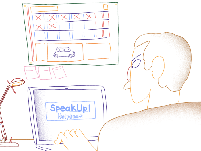 Illustration of a man looking at his laptop's screen, where it reads "SpeakUp! Helpline"