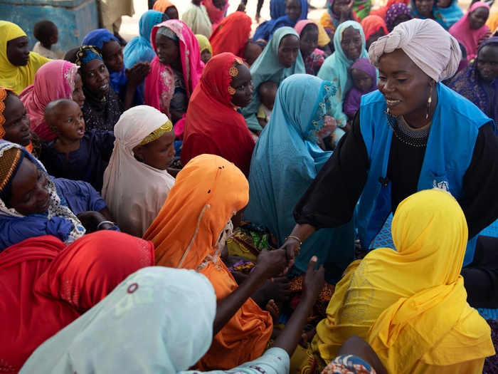 Emtithal (Emi) Mahmoud meets with women living in the Bogo camp for internally displaced persons (IDPs), in the country’s Far North Region.