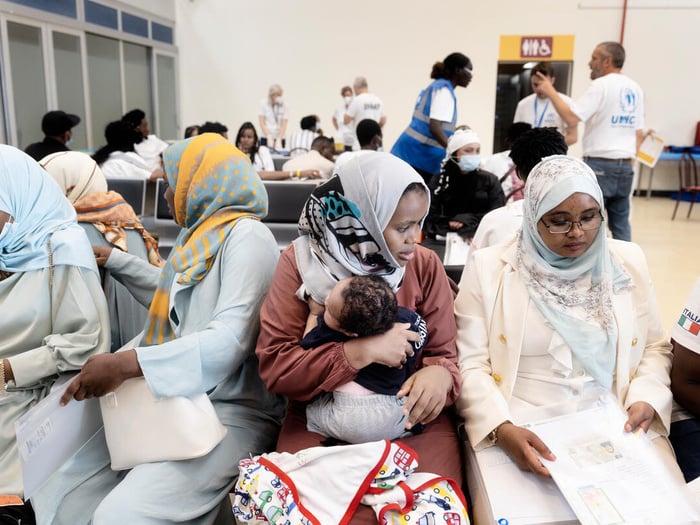 Italy. Humanitarian flight from Libya landed at Fiumicino airport.