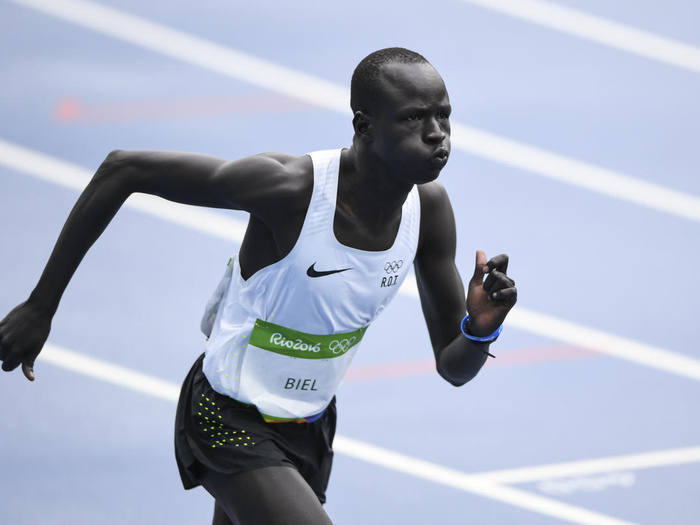 Yiech Pur Biel runs on a track.