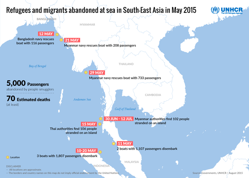 Map of Bangladesh, Myanmar, Thailand, Cambodia and Indonesia, showing a timeline and statistics of refugees and migrants abandoned at sea in South-East Asia in May 2015. The full description shows on this page below the image.
