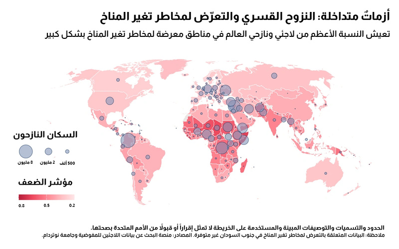تعيش النسبة الأعظم من لاجئي ونازحي العالم في مناطق معرضة لمخاطر تغير المناخ بشكل كبير