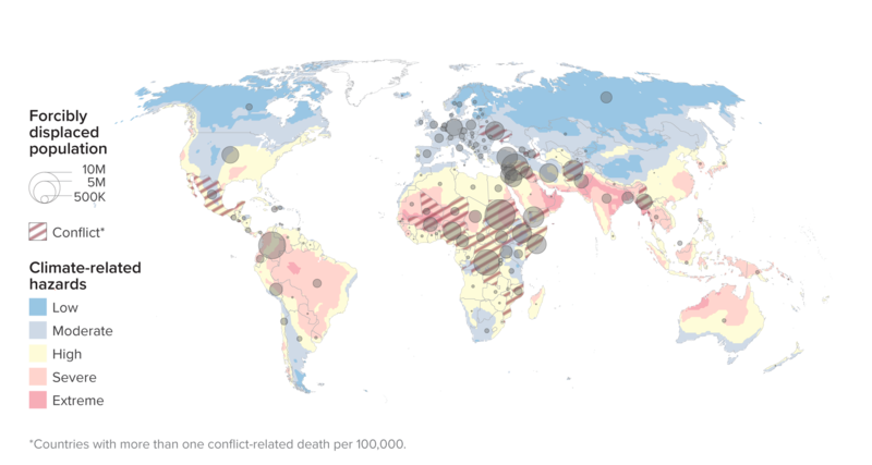 A world map showing climate-related hazards, conflict deaths and displacement. The map shows that many countries with large populations of displaced people are also experiencing more extreme climate-related hazards.