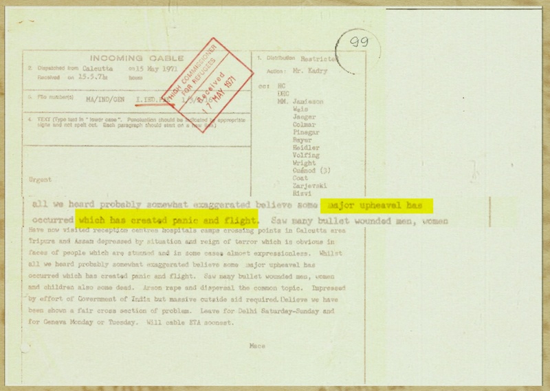 A highlighted image of a stamped cablegram message sent from Calcutta in 1971