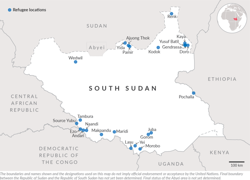 A map of South Sudan with blue dots to indicate the location of refugee communities.