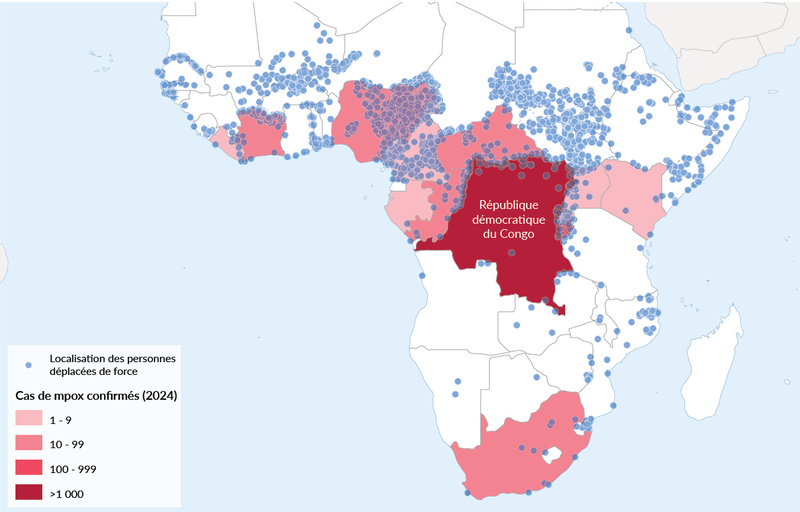 Carte de l'Afrique montrant les cas de mpox et l'emplacement des personnes déplacées de force. Elle met en évidence la République démocratique du Congo, où plus de 1 000 cas de mpox ont été confirmés en 2024. Plusieurs pays africains voisins comptent entre 100 et 999 cas, 10 et 99 cas et 1 à 9 cas.
