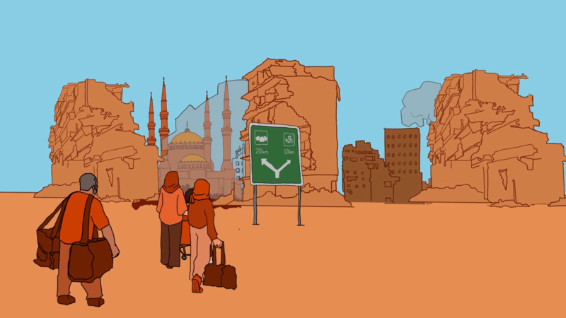 An illustration of a family carrying suitcases with them. In the background is a city damaged by bombs.