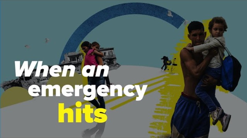 Adult refugees carrying children in their arms. Text on the image reads "When an emergency hits"