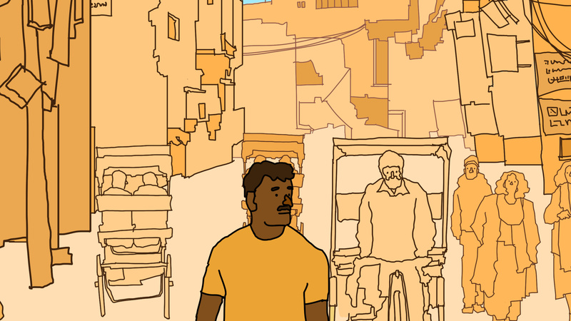Illustration of a man walking through a market.