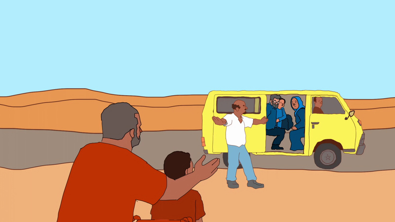 Illustration of a man and a young boy in a wheelchair.