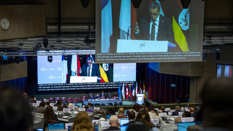 View of the plenary room, with delegates sitting and watching the event livestream on a screen.