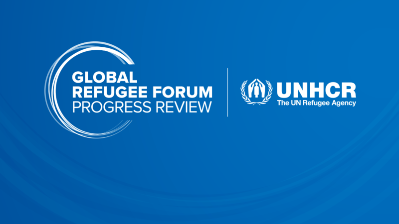 Blue background with the UNHCR logo and the GRF Progress Review logo.